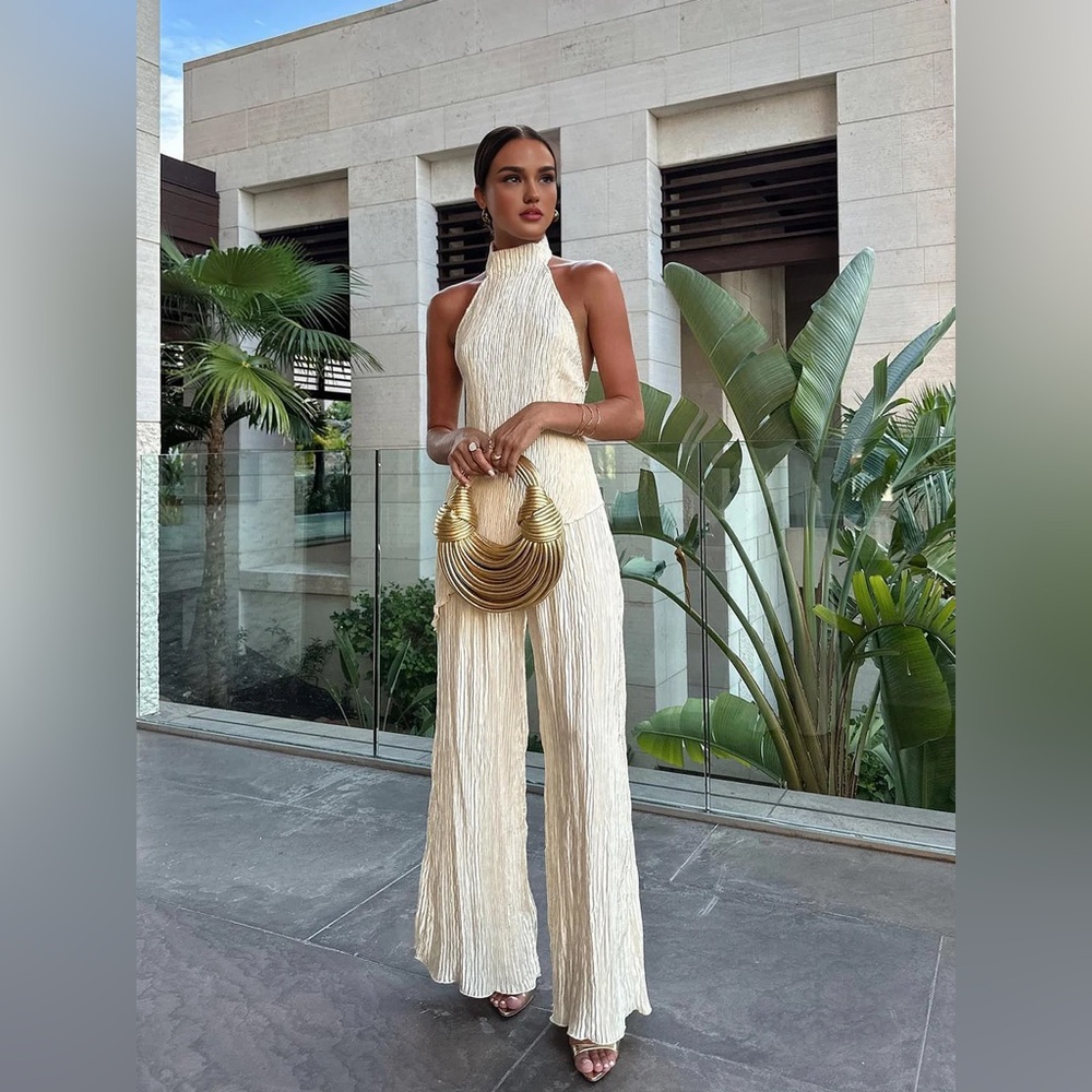 Commense Asymmetric Halter Crop Top With Wide Leg Pants Set - Picture 3 of 5